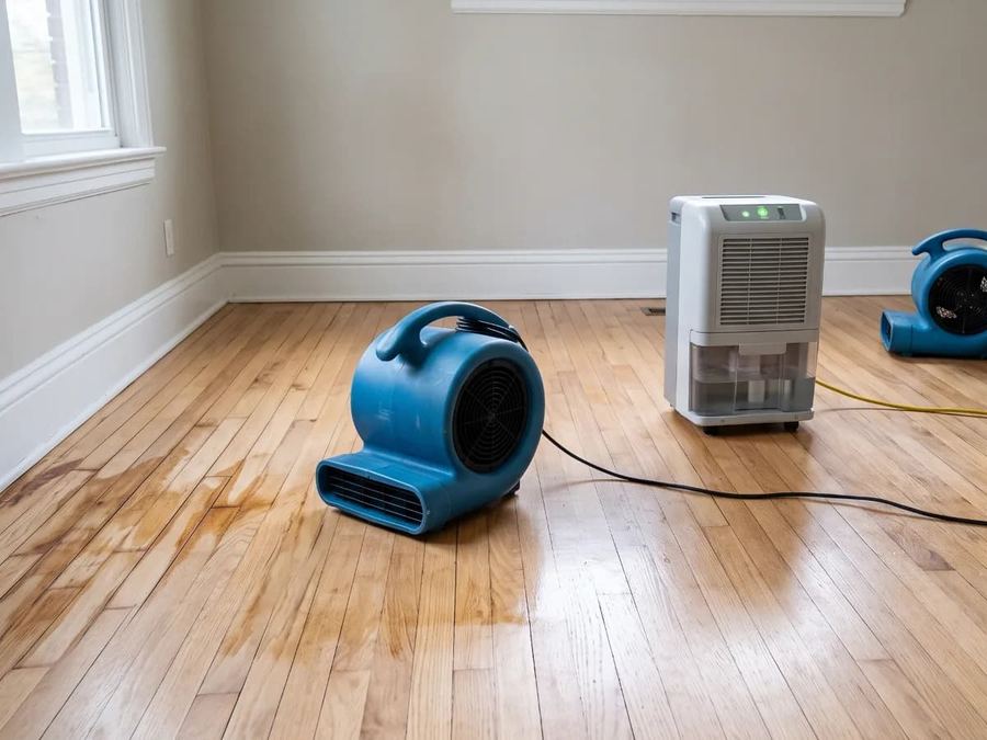 Air movers and a dehumidifier drying a wet hardwood floor during structural drying